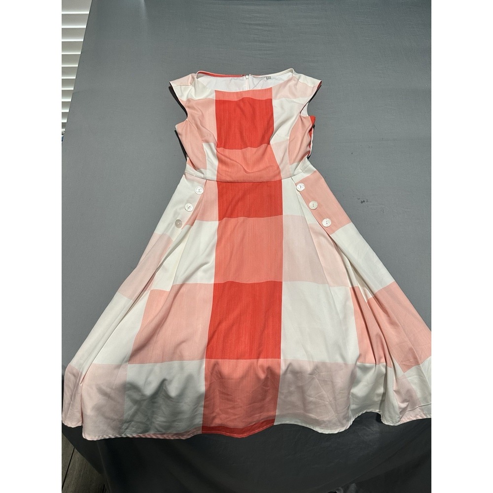 Retro Style Peach/White Gingham Sleeveless Midi Dress 6